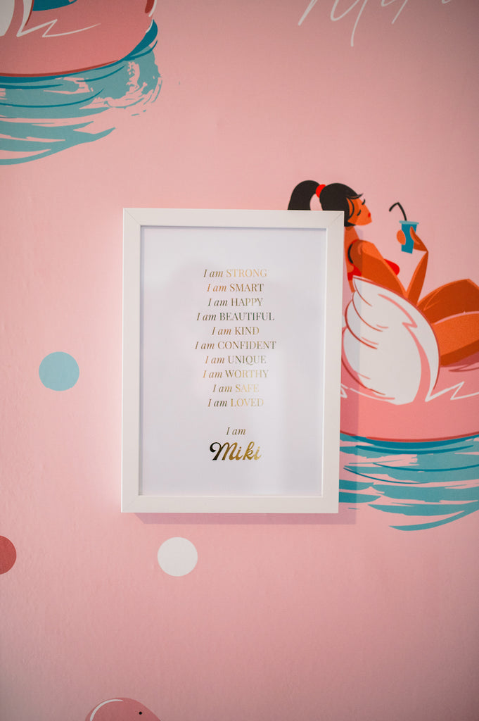 personalised gold affirmation print, framed affirmation, perth delivery print, teen gift perth, print on pink wall,