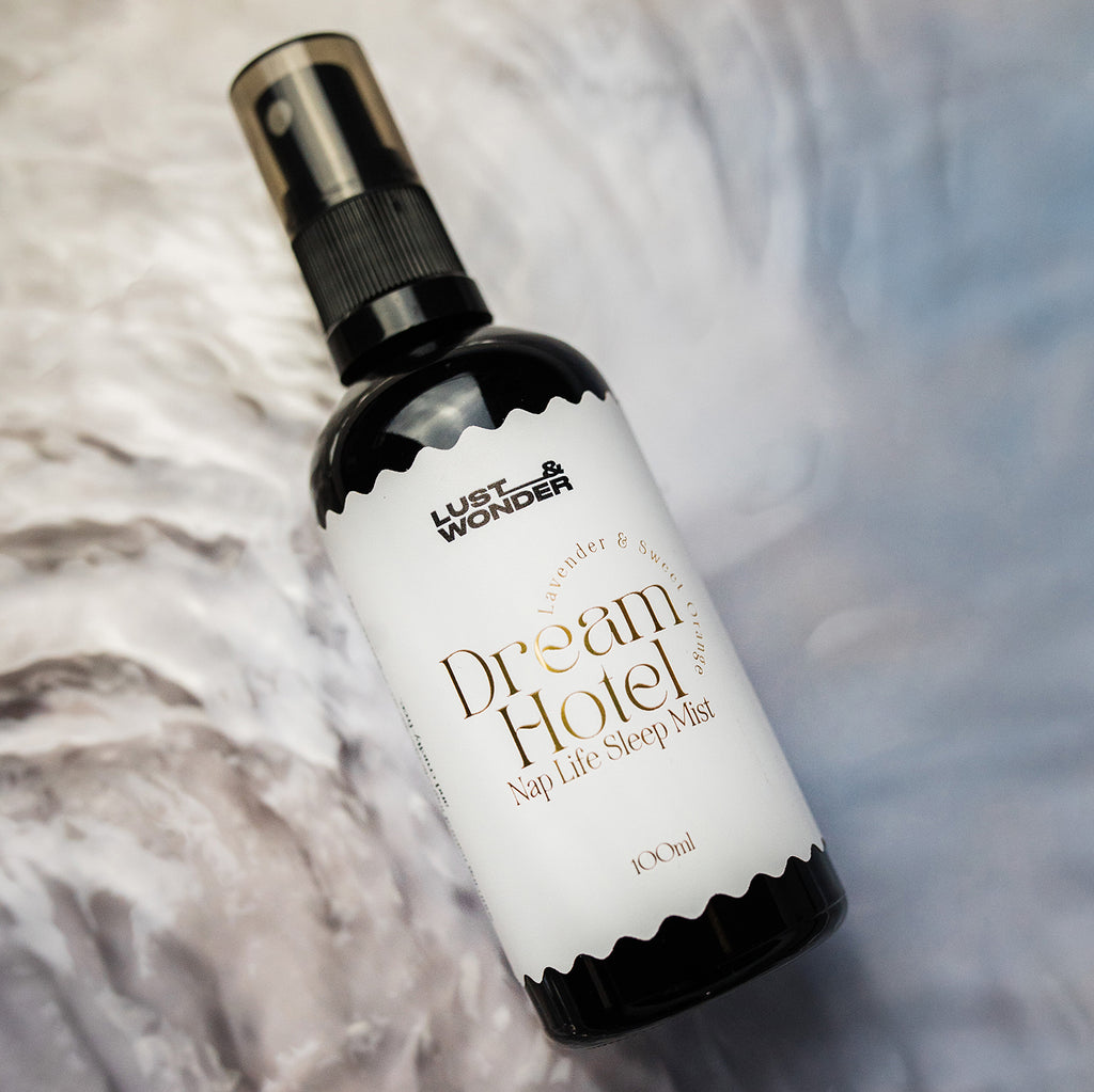 black glass spray bottle - dream hotel by lust and wonder, lavender and sweet orange