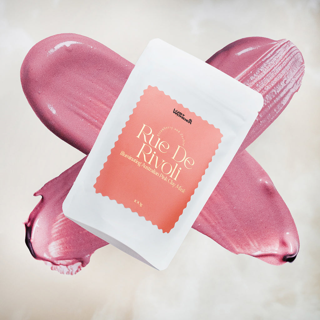 Pink Clay mask, Rue De Rivoli by Lust and Wonder. 100g. Elegant pink and gold label on white packaging