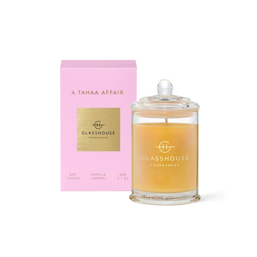 Glasshouse Fragrances candle, Pink box, A Tahaa Affair - 60g soy candle, Vanilla Caramel