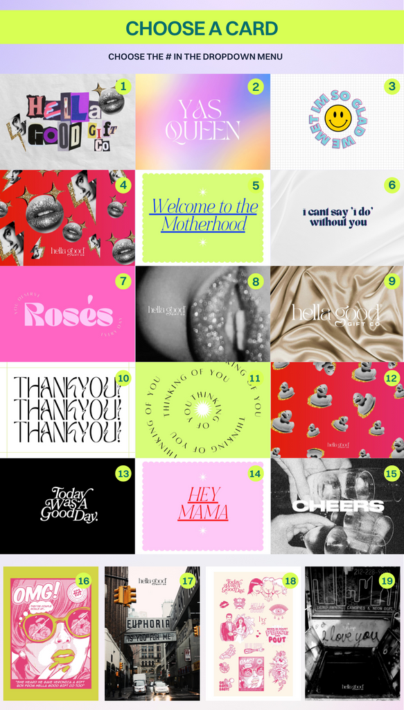 a selection of 19 gift cards. 1 - ransom style Hella Good Gift Co